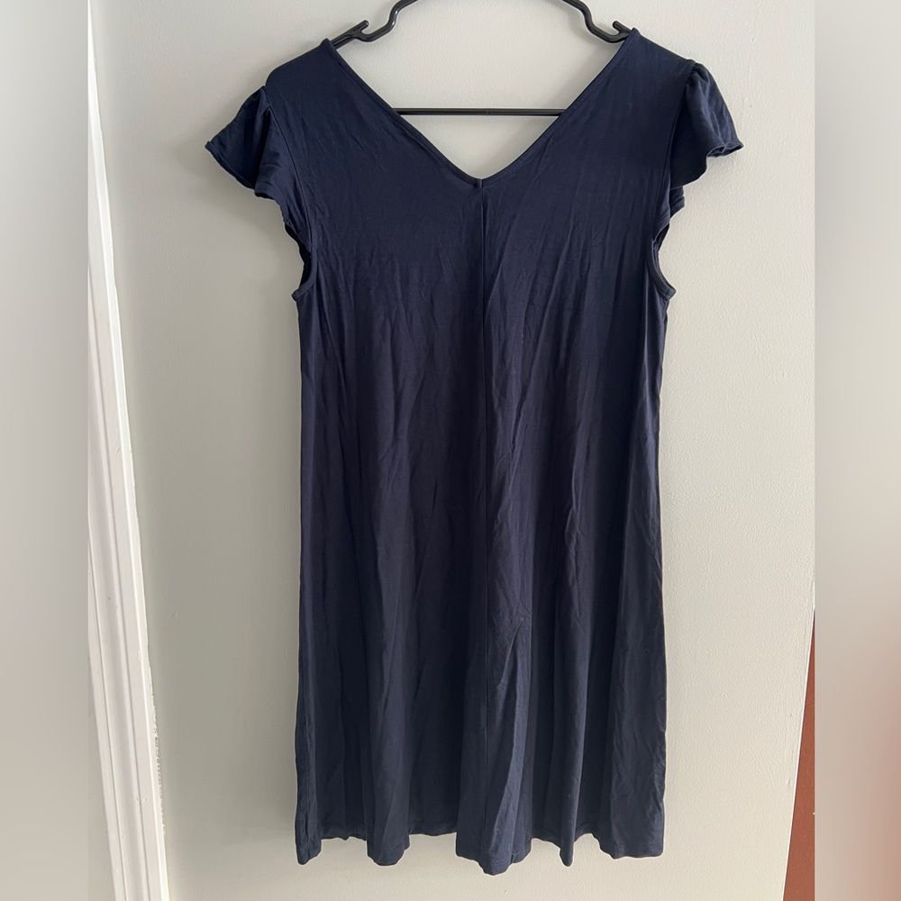LOFT Embroidered Floral Dress Navy V Neck Short Sleeve Casual Size Small Petite - Picture 2 of 8